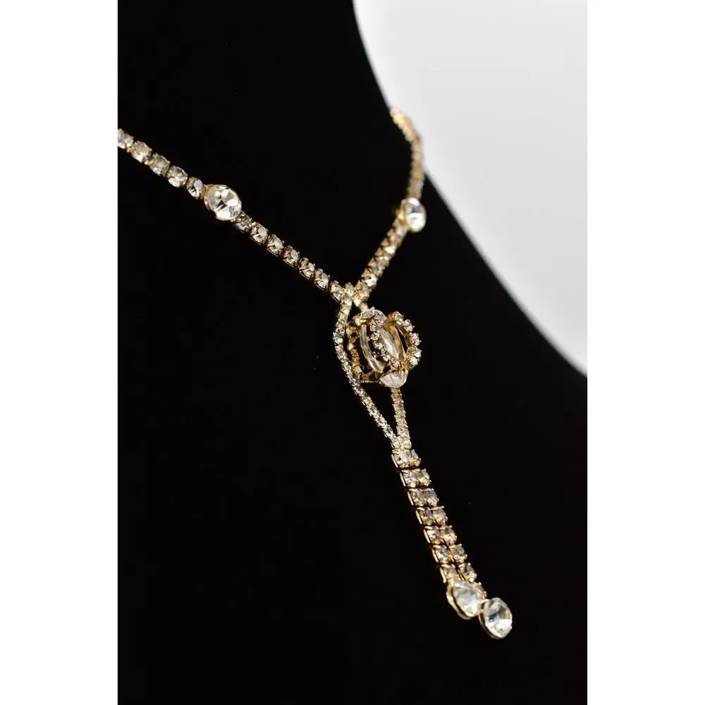 Vintage Crystal Collar Necklace Y Drop Prong Rhinestone Gold Tone Shiny BinBD